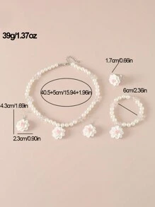 1pc Necklace, 1pc Bracelet, 1pc Ring, 1pair Earrings Set With Sweet Faux Pearl Flower Pendant, Children's 4pcs Jewelry Set