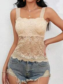 內置胸墊性感蕾絲背心,適用於基本內衣 - 杏色 - 查看 4