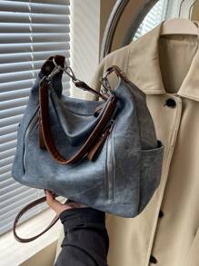 New Arrival Fashion Women Shoulder Bags, Large Capacity Commuter Casual Versatile Minimalist Chic Crossbody Bag, PU Denim Effect Design, Solid Color, Comfortable Material, Detachable Strap, Multiple Pockets, Tote Bag For Fall