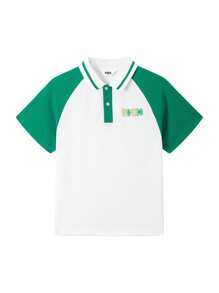 Annil Kaos Polo Anak Laki-Laki Tween Kontras Kerah Ditambal Tombol Depan Huruf Striped Casual - Hijau - View 1