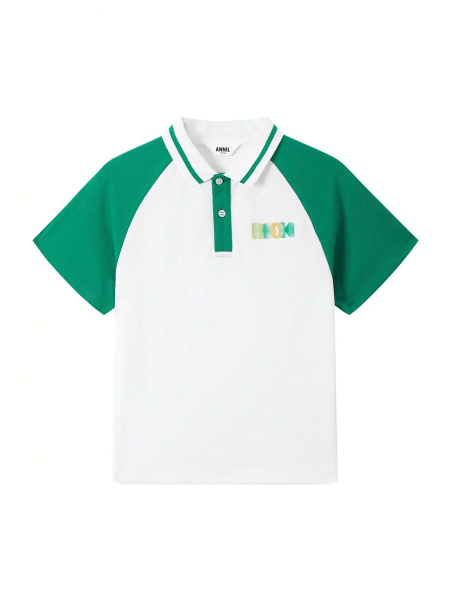 Annil Kaos Polo Anak Laki-Laki Tween Kontras Kerah Ditambal Tombol Depan Huruf Striped Casual - Hijau - View 1