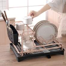 LIVINGANDHOME Living And Home Rose Gold Aluminum Dish Space Rack,Kitchen Organizer Dish Rack,2 Tiers Dish Drying Drainer With Drying Board Rack And Knife Fork Container - Rose Gold - View 2