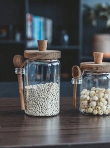 1 pieza Tarro de vidrio sellado con tapa de palo de rosa, tarro de especias de diseño minimalista para cocina, envase para almacenar alimentos y condimentos, recipiente para té/café/azúcar/sal para el hogar con cuchara - transparente - Ver 5