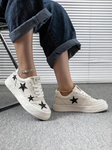 女性時尚萬能星形設計春夏戶外白色淺口系帶圓頭皮革平底防滑休閒運動鞋 35-41號碼 - 米色 - 查看 4