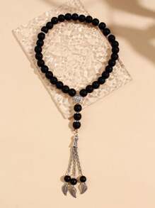 1pc Black Matte Crystal 33pcs Bead Rosary Bracelet With Star, Moon Charms & Tassel Decor, Vintage Style Jewelry For Men - Black - View 7