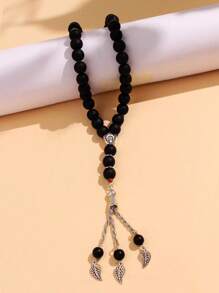 1pc Black Matte Crystal 33pcs Bead Rosary Bracelet With Star, Moon Charms & Tassel Decor, Vintage Style Jewelry For Men - Black - View 2