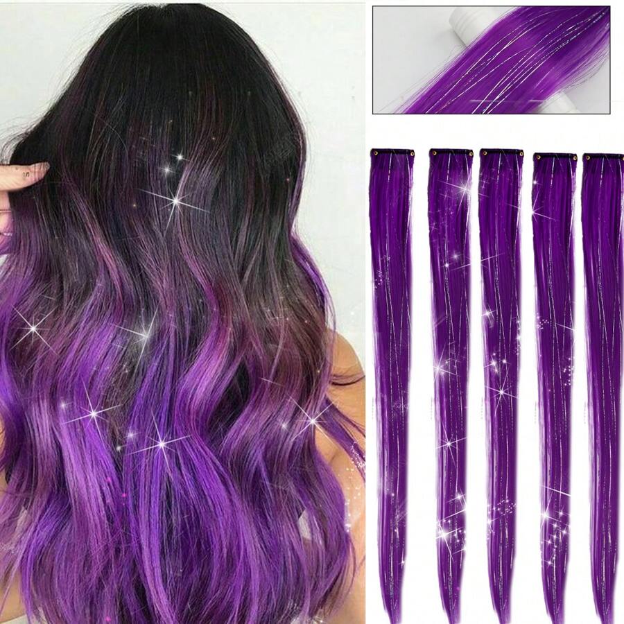 Hair Tinsel5pcs Colorful Mixed Glitter Clip-In Hair Extensions, Multi-Color Party Highlights Clip-In Synthetic Straight Hair Extensions, Suitable For Women And Girls