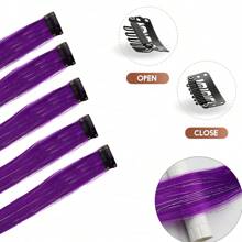 Hair Tinsel5pcs Colorful Mixed Glitter Clip-In Hair Extensions, Multi-Color Party Highlights Clip-In Synthetic Straight Hair Extensions, Suitable For Women And Girls - Purple - View 4