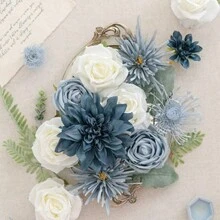 AUSOGO 24pcs/Set Blue And White Artificial Silk Dahlia Flower Set For Diy Wedding Bouquets, Bridal Gifts, Event & Party Decorations, Home Decor, Table Centerpieces, And Holiday Gifts For Valentine's Day, Birthday, And Mother's Day, Valentine Day, Gift Graduation