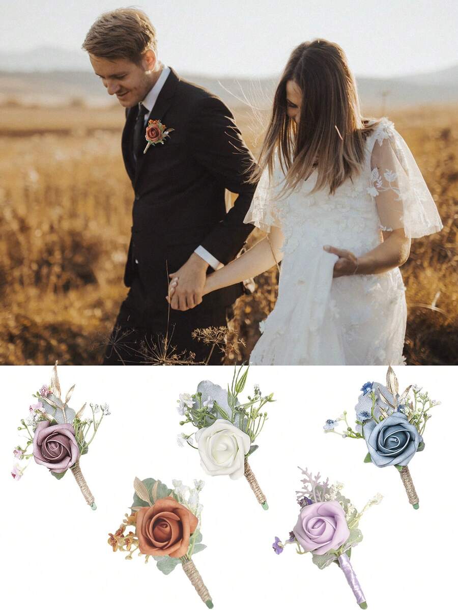 2入組男性婚禮玫瑰胸花, Rustic Fall Vintage婚禮與prom的伴郎胸花 - 亮橙色 - 查看 1