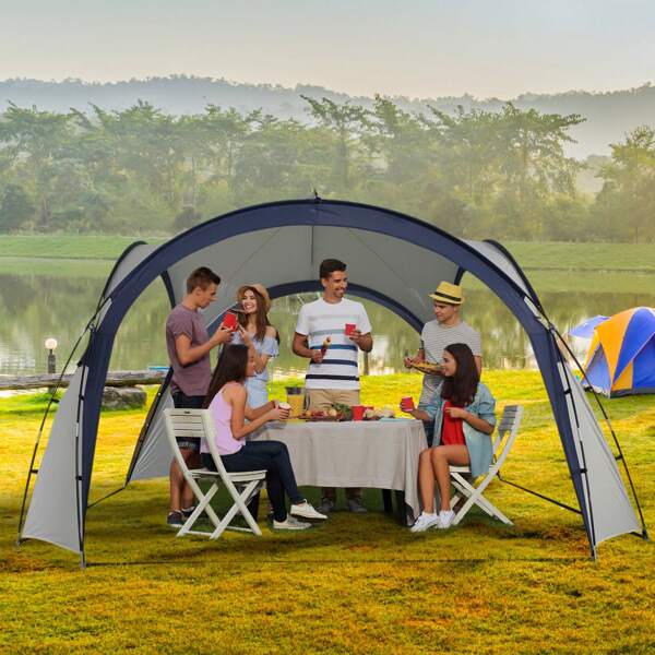 Outsunny Campingzelt Gartenzelt Festzelt Partyzelt Sonnenschutz wetterfest Glasfaserstange + Polyester Cremeweiß + Blau 3,5 x 3,5 x 2,22 m