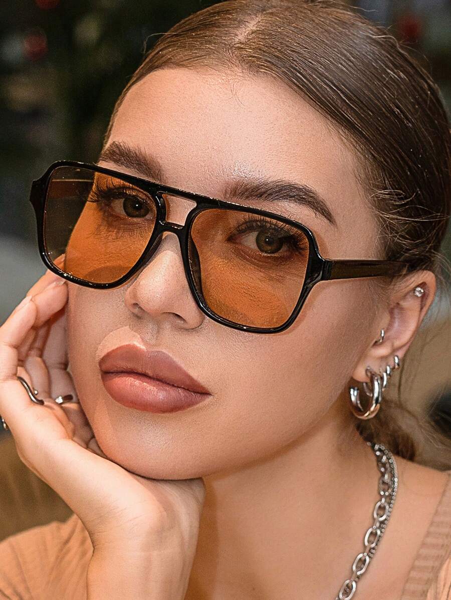 1pc Fashionable Rectangular Plastic Aviator Style Unisex Eyeglasses Elegant Shades Beach Accessories Beach Accessories For Women Glasses Shades Basics Fall Winter Women Outfits Clothes Business Casual Gifts For Summer Beach Vacation,Outdoor,Travel - 香檳色 - 查看 1
