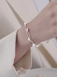 1pc Minimalist Double Layer Star Bracelet, Dainty Lucky Beads Bracelet With Lobster Clasp & Round Clasp (Random) - Silver - View 4