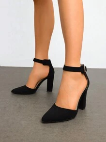 Women's Chunky High Heels Pumps Ankle Strap Closed Pointed Toe Elegant Fashionable Comfortable Dating Wedding Party Dress Shoes - 黑色 - 查看 2