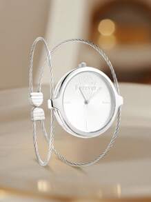 1pc Customized Fashion Watch For Women, Personalized Bracelet Watch With Metal Strap, Round Dial, Dual Strap, Fashionable Ladies Wrist Watch, Available In Silver/Black/Rose Gold/14K Gold, 3cm Strap Width, Adjustable Length, 3cm Diameter, Great Gift For Valentine's Day/Birthday, For Girlfriend/Wife - Bạc - Xem 3