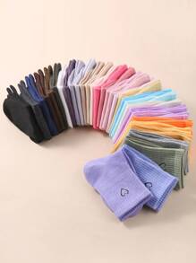 10雙隨機女款糖果色彈性中筒襪,具有心形圖案