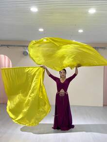 1pc 140x140cm Dance Flag With Telescopic Pole, Large Fan Shaped Worship Flag For Performance - Yellow - View 4