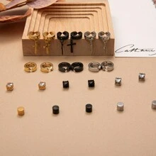 8件套经典闪亮立方氧化锆CZ不锈钢磁性无耳洞耳钉，适合无耳洞人士佩戴，简约耳环夹，男女皆宜，十字架吊坠耳环，生日派对节日珠宝礼物，送给爱人或朋友 - 4對不銹鋼耳夾 - 查看 8