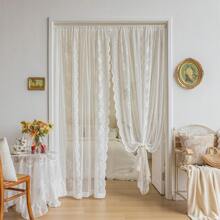 Lace White Gauze Non Perforated Curtains, Gauze Curtains, White Sand Living Room Balcony Bay Windows, American Style Countryside And Countryside Through Pole Style Window Gauze Curtains, 2 Pieces Set - White - View 2