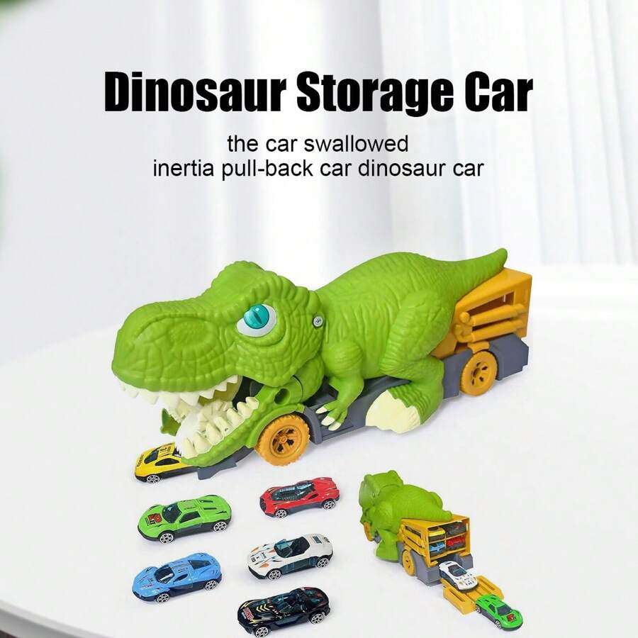 Dinosaur Toy Car Set: Alloy Dinosaur Cars With Inertia Feeding Function, Spiral Track With Storage Box &  6 Mini Cars - Green - View 1