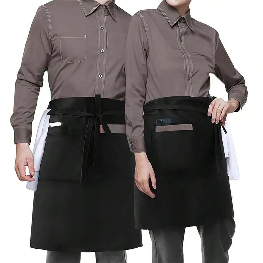 1pc Waiter Apron With 3 Pockets, Waterproof And Anti-Stain, Used In Hotel, Cafe, Pub, Catering Kitchen, Half-Length Apron In Black - Black - View 1