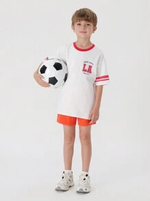 MARC&JANIE Young Boys' Vitality Academy Colorblock Letter Print Round Neck Sports Short Sleeve T-Shirt, Summer