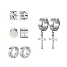 8件套经典闪亮立方氧化锆CZ不锈钢磁性无耳洞耳钉，适合无耳洞人士佩戴，简约耳环夹，男女皆宜，十字架吊坠耳环，生日派对节日珠宝礼物，送给爱人或朋友 - 4對不銹鋼耳夾 - 查看 13