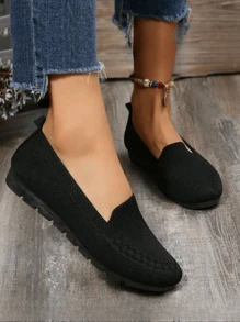 Women's Knit Breathable Black Casual Flats, Fashion & Elegant Shoes, Comfortable Slip-On Loafers For Mothers, Housewife (Woven Pattern Random, For Wide Feet Order One Size Up)