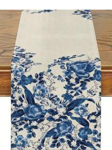 1pc Blue Botanical Flower Table Runner, Modern Style, 33cm*183cm/13inch*72inch Rectangle Shape, Linen-Like Material Table Runner, Single Side Printed, Perfect For Home Kitchen Decor And Event Party Decor - Blue - View 7