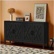 4 Door Wooden Twill Sideboard American Country Vintage Old Living Room Dining Room Hallway Entryway Cabinet - 黑色 - 查看 2