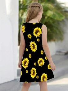 Young Girl Sunflower Print Sleeveless Dress Loose Fit And Comfortable Round Neck Summer Dress Kids Clothes