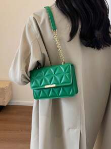 Stylish Plain Embossed Chain Shoulder Bag - Green - View 7