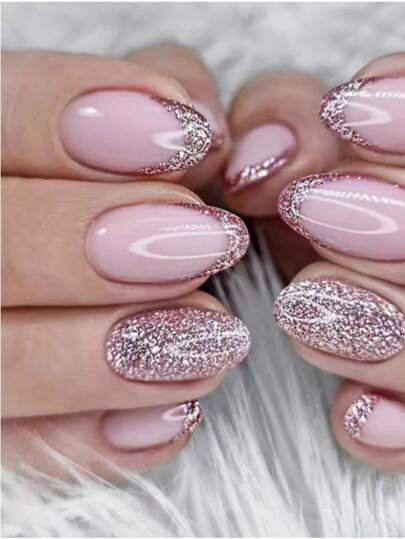 24st kort runda huvuden falska naglar med glänsande röd och rosa fransk stil, lämplig för kvinnor och flickor dagligen och festival slitage press på naglar Nageltillbehör