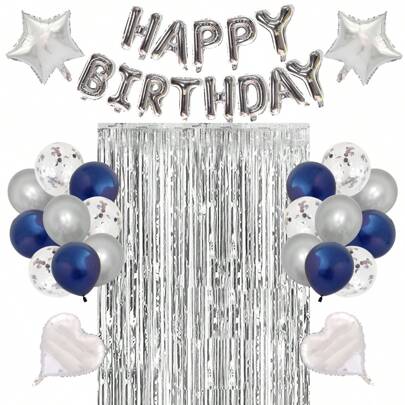 生日派对装饰 - 生日快乐气球横幅、金色箔纸流苏帘，男女皆宜，生日派对装饰