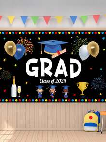 2024 Graduation Party Decoration Backdrop, Black And Gold Congrats Grad Banner, Graduation Backdrop Class Of 2024 Graduation Banner - Black - View 1