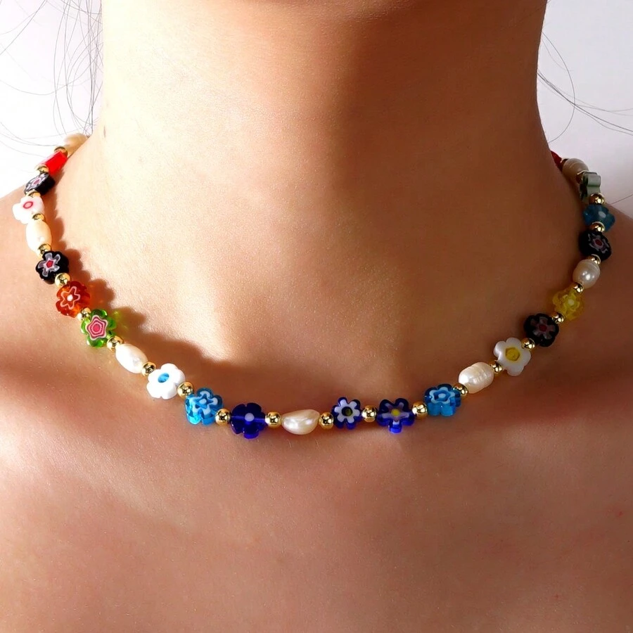 夏季新款波希米亞風頸鏈,女性自然淡水珍珠金色珠寶項鍊,項圈飾品1入