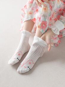 5 Pairs/24 Summer New Children Socks Mesh Thin Bubble Mouth Cute Pink Bunny Lace Princess Short Socks 1-12 Years Old Students Mesh Breathable Mid-Calf Girls Sports Sweat-Absorbent Short Socks