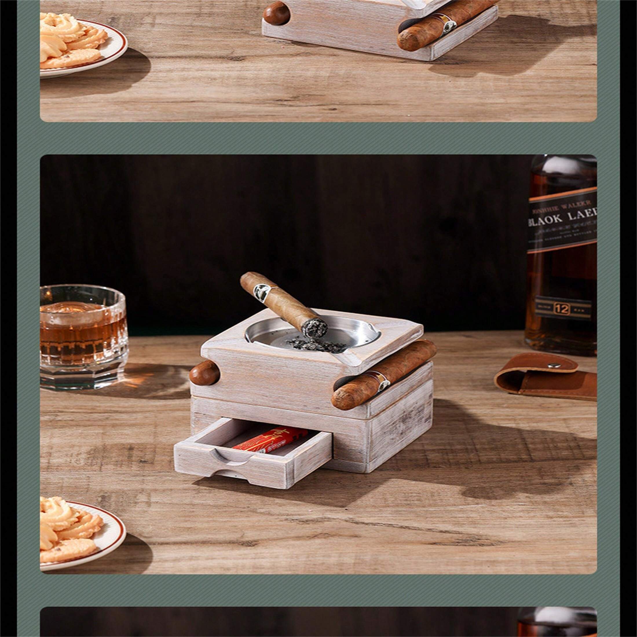 Cigar Ashtray, Wooden Ashtray, Square Ashtray 4 Slot Cigar Rack With ...