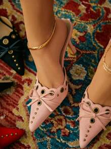 Pointed Toe Women Stiletto High Heels Bow Mules Sexy Party Elegant Spring Summer Kitten Dress Pump Shoes Valentines - Hồng - Xem 1