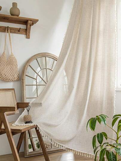 1 Stück einseitig beiger Vorhang im Boho-Stil aus hochwertigem Leinen mit Quasten, halbtransparenter Vorhang mit substanziellem Gewicht zum Filtern von grellem Sonnenlicht, geeignet für Schlafzimmer, Wohnzimmer, Esszimmer, Kinderzimmer, Kinderkrippe, Bauernhaus, Café, Küche usw.