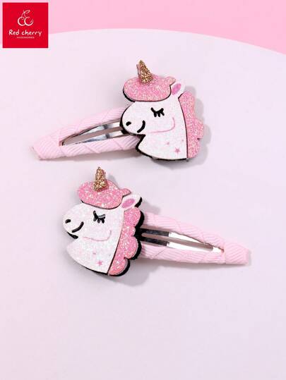 2pcs Unicorn Glitter Polyester Wrapped Hair Clips Set For Girls, Suitable For Daily Hair Decorations