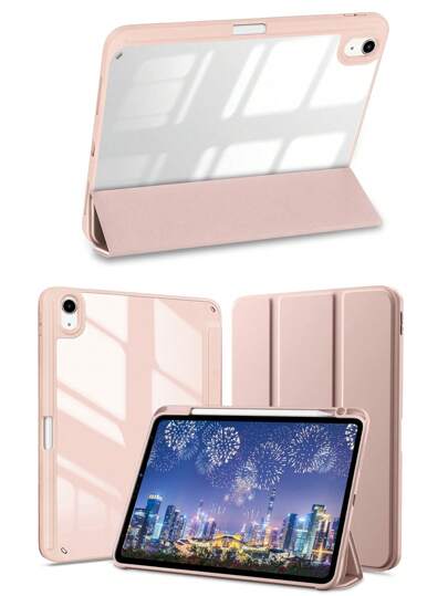 1PC Tri-Fold Silicone Foldable Anti-Fall Tablet Case Compatible IPad With Pen Holder Tablet Leather Cover-Pink