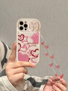 Colorful Butterfly Chain Decorated Heart Printed Anti-Drop Phone Case, Compatible With IPhone 15/10/14/Xr/7/8/Iphone 15 Pro Max/13/14/11/12