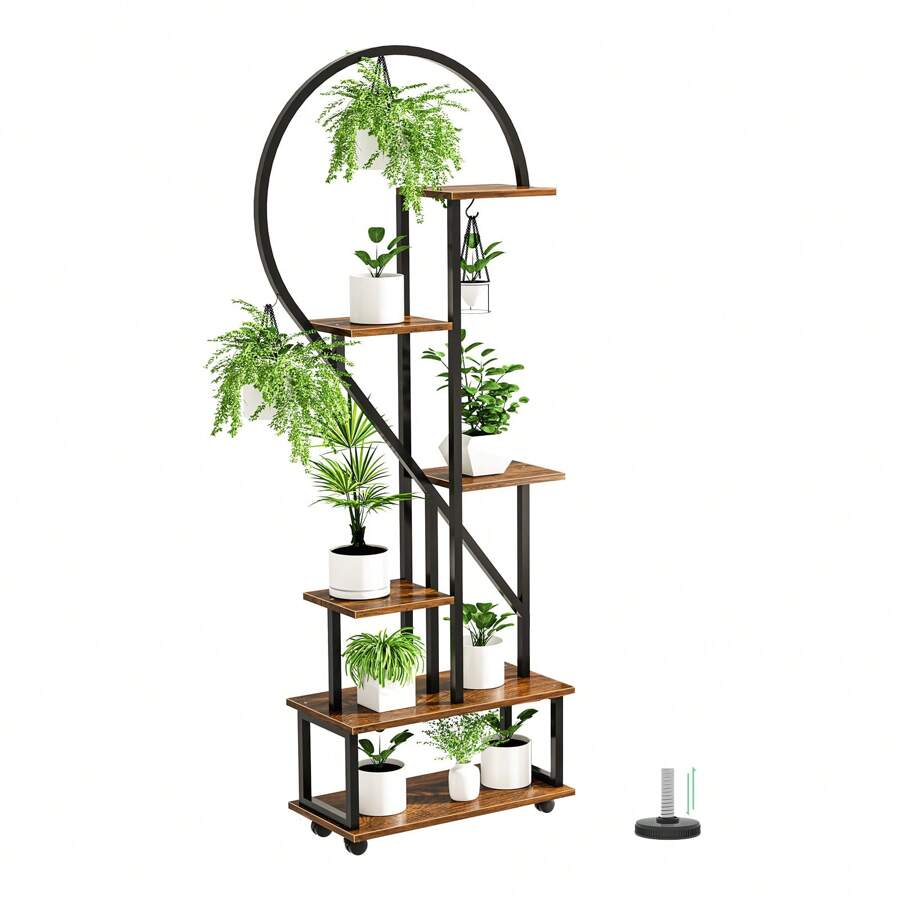 6 Tier Flower Shelf Plant Shelf, Wooden Metal Multi-Tier Flower Stand Plant Stand, Heart-Shaped Flower Bench Flower Stairs Plant Stairs Standing Shelf For Indoor Garden Balcony Living Room Decoration - Brown - View 1