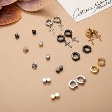 8件套经典闪亮立方氧化锆CZ不锈钢磁性无耳洞耳钉，适合无耳洞人士佩戴，简约耳环夹，男女皆宜，十字架吊坠耳环，生日派对节日珠宝礼物，送给爱人或朋友 - 4對不銹鋼耳夾 - 查看 10