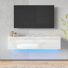 JOYSOURCE Floating TV Stand With LED For 60 65 70in TV, Glossy Wall Mounted Modern Entertainment Center With Storage, White