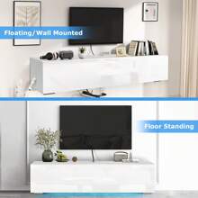 JOYSOURCE Floating TV Stand With LED For 60 65 70in TV, Glossy Wall Mounted Modern Entertainment Center With Storage, White