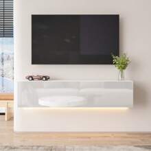 JOYSOURCE Floating TV Stand With LED For 60 65 70in TV, Glossy Wall Mounted Modern Entertainment Center With Storage, White