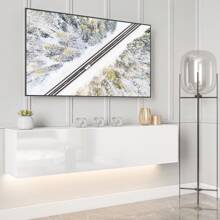 JOYSOURCE Floating TV Stand With LED For 60 65 70in TV, Glossy Wall Mounted Modern Entertainment Center With Storage, White