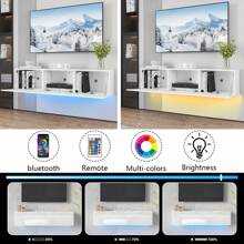 JOYSOURCE Floating TV Stand With LED For 60 65 70in TV, Glossy Wall Mounted Modern Entertainment Center With Storage, White